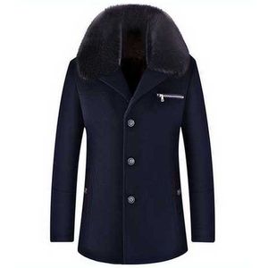 Wholesale- Free shipping Woolen Coat Male fur collar thick Warm Wool Jackets England Style Winter Long woolen jackets 5 colors 150yw