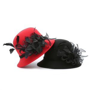 Spring Winter Wool Women Bucket Hats Fashion Street Stingy Brim Hats Fitted Ladies Top Hats with Noble Gauze Feather Flower GH-86
