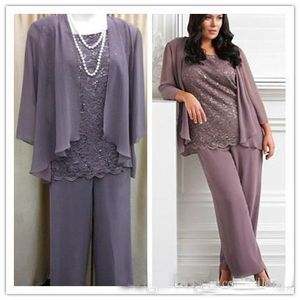 Real Sample New Fashion 2022 Mother's Pants Suit Three Pieces Lace Chiffon Purple Long Mother of the bride Dress Wedding Party Gown