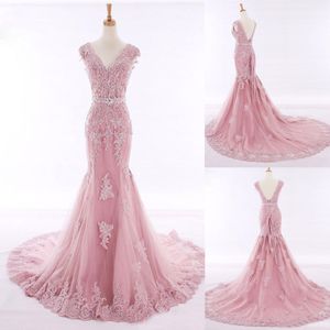 V-Ausschnitt, bodenlang, sexy Promi-Kleider, Übergröße, Damen, rosa Spitze, rosa Hochzeitskleid mit farbiger Meerjungfrau, Brautkleid mit langer Schärpe