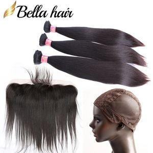 Dantel Frontals ile Peru Virgin Saç Demetleri Kapak düz insan örgüleri ve kulaktan kulağa kapanma 5 adet/lot Bellahair