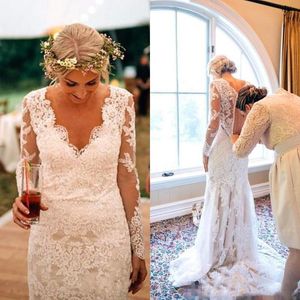 Vintage Country Beach Lace Wedding Dress Sheath V Neck Illusion Long Sleeves Appliques Bridal Gowns Buttons Sweep Train