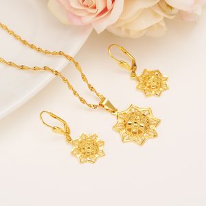 Ethiopian Real 24k Yellow Solid Fine Gold GF FINISH set Jewelry Anise Pendant Chain Earrings African Bride Wedding Star Bijoux