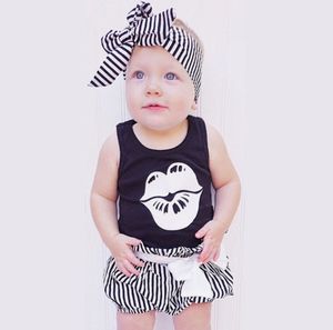 Noworodek Baby Girl Romper Pałąk Zestaw Letnich Letterów Bez Rękawów Lips Koszulka + Strip Krótki Niemowlę Baby Clothes Toddler Kombinezon Kids Stroje