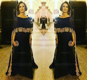 Blue Luxurious Navy Mother Of The Bride Dresses Jewel Neck Gold Lace Appliques Chiffon Half Sleeves With Wrap Party Dress Evening Gowns