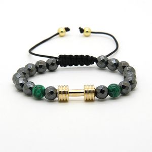 Pulseiras masculinas com halteres Energy atacado pedra hematita facetada de 8 mm com metal nova barra fitness haltere