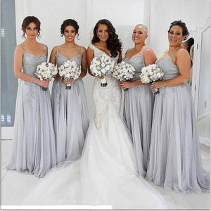 Cheap Sexy New Sier Bridesmaid Dresses Spaghetti Straps Lace Appliques Sleeveless Side Split Floor Length For Wedding Maid Of Honor Gowns