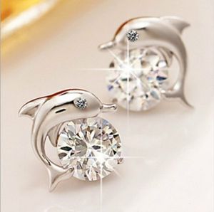 Lovely crystal eye dolphin CZ Charm Stud Earrings women 's 925 sterling silver jewelry