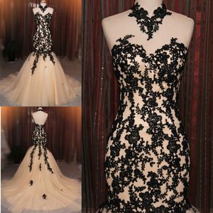 Black and Champagne Mermaid Lace Evening Dresses Sheer High Neck Sexy Backless Lace Appliques Tulle Real Photo Formal Dresses Evening Gowns
