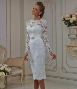 Abiti da sposa corti a maniche lunghe in pizzo a maniche lunghe vintage vestido de noiva Guaina con collo alto gioiello Abiti da sposa Casual informale