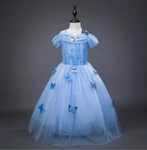 Off Shoulder Girl Jurken Prinses Kerst Kinderkleding Cinderella Performance Kostuum Geplooide Kinderen Feestjurk Blauw Leeftijd jaar