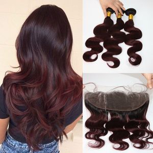 Mänskliga hårbuntar med 13 * 4 Front 300gram Två ton Ombre 99J Body Wave Peruvian Human Remy Hair Weaves Closure