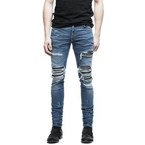 Wholesale- MORUANCLE Brand Designer Mens Ripped Biker Jeans Hi-Street Distressed Moto Denim Joggers Trousers Leather Patchwork Black Blue