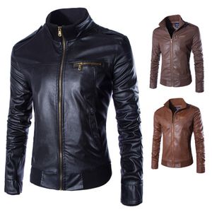 Wholesale- 2016 New Fashion PU Leather Jacket Men Jaqueta De Couro Masculina Brand Mens Jackets And Coats Skinny Fitness Motorcycle Jacket