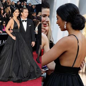 Sexy Black Evening Dresses Ball Gown Backless Spaghetti V Neck Side Special Occasion Dresses Red Carpet Dresses Celebrity Gowns