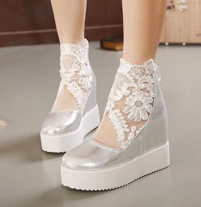 Embroidered white silver lace wedding shoes elegant peep toe wedge heel bridal boots 2015 size 35 to 39