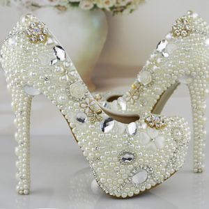 Unique White Pearl Wedding Shoes Women Pumps High Heels Crystal Bridal Prom Party Shoes Gorgeous Wedding Party Prom Shoes