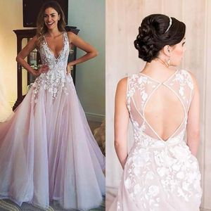 Abiti da sposa sexy rosa cipria con scollo a V profondo tagliato indietro Tulle economici con abiti da sposa lunghi applicati in pizzo Spiaggia su misura EN10202