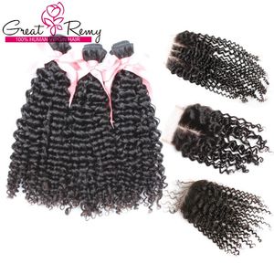 Brasilianska Virgin Hair Weave Köp 3Bunderna Curly Få 1PC Top Closure (4 * 4) Gratis / Mellan / 3 Part Curly Hair Extensions Great Remy Factory Outlet