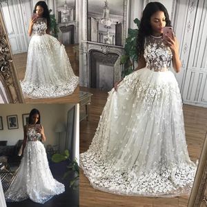 Wdzięku White A Linia Suknie Ślubne Sexy See Przez Handmade Aplikacje Sheer Powrót Suknie Ślubne Południowoafrykańskie Sweep Pociąg Wedding Vestidos