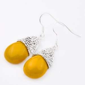 2 sztuk / 1lot Boże Narodzenie Biżuteria Prezent - Lucky Stone Natural Yellow Jade 925 Silver Drop Kolczyki E0453