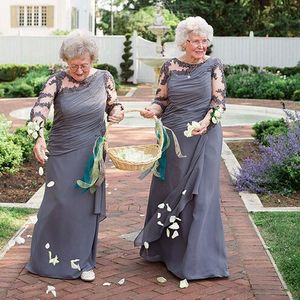 Elegant 2016 Gray Chiffon Illusion Long Sleeve Mother Of The Bride Dresses Cheap Lace Applique Beaded Pleats Mother Groom Dress EN122112