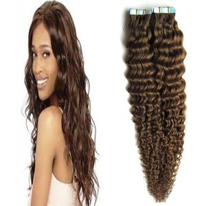 # 4 marrom escuro profundamente encaracolado cabelo virgem brasileira extensões de cabelo de trama de pele 40 peças 6a 100g fita em extensões de cabelo humano