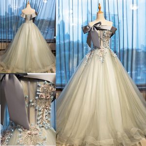 Beige A Line Prom Dresses With Gray Ribbon Sashes Appliques Beads Exposed Boning Lace Up Evening Gowns Floor Length Arabic Party Dress