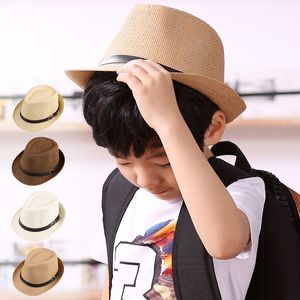 Unisex Kids Panama Hat With Leather Belt Summer Beach Trilby Hats Straw Sunhat Children Soild Fedora Cap For Boy And Girl