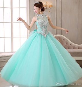 New Vintage barato Red Quinceanera vestidos de alta Neck Beading espartilho e vestidos de Debutante de tule para o doce 16 meninas Masquerade vestidos de baile