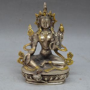 チベット仏教シルバー銅金箔グリーンタラクワン陰菩薩仏像