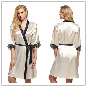 Women's Kimono Pajamas Robe Bathrobe Sexy Lingerie Slik Sleepwear Short Satin Lace Nighgowns Lady Bridesmaid Robes