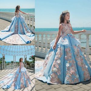2018 Blue Lace Girls Pageant Dresses Ball Gown Children Birthday Holiday Wedding Party Dresses Teenage Princess Toddler Dresses Sweep Train