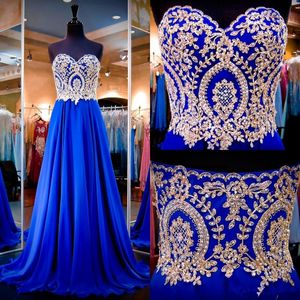 Longo frisada corpete vestidos de noite Royal Blue Prom Vestidos Moda Chiffon Lace Applique Namorada Trem da varredura Formal Casamentos vestido Visitante