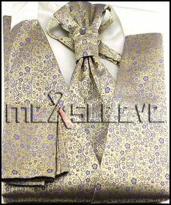 Partihandel - Mens kostym Tuxedo Dress Gold Floral Bridegroom Vest (Vest + Ascot Slips + Manschettknappar + Handkerchief)