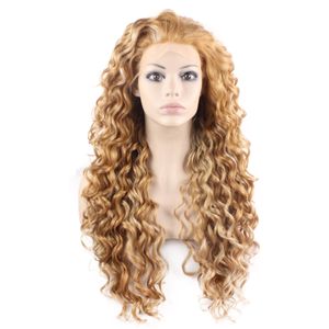 26 inç uzun kıvırcık sarışın karışımı isıya dayanıklı fiber saç sentetik dantel ön peruk