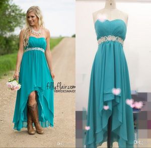 Immagine reale Hot Country Western High Low Turchese Abiti da damigella d'onore Abiti da festa da sera Hi-Lo Abiti da ballo in chiffon blu acqua Fascia di cristallo