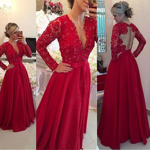 Red Satin Sexy Bling Long Prom Dresses Lace See Through Back Girl Long Sleeves V Neck Special Occasion Prom Gowns Evening Vestid