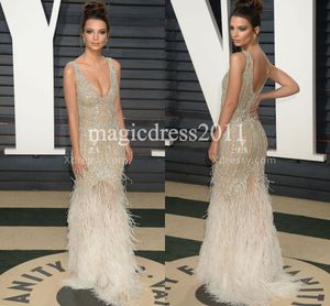 Emily Ratajkowski Frisado Sereia Evening Prom Vestidos Oscar 2019 Champagne V-Pescoço Principal Principal Vestidos de Celebridade Pageant Vestidos Feitos sob encomenda