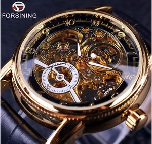 Forsining Hollow Grabing Skeleton Casual Designer Black Golden Case Gear Bezel Relojes Hombres Lujo Top Marca Relojes Automáticos