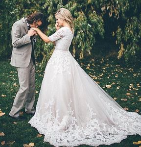 Koronkowa suknia balowa skromne suknie ślubne z rękawami 2019 bufiaste suknie ślubne księżniczki Vintage Country Western guziki do sukni ślubnej dla nowożeńców