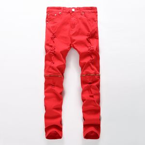 Wholesale- Fashion Ripped jeans Casual Slim fit Biker jeans Hip hop Denim elastic cotton trousers Red zipper decoration Skinny jeans men