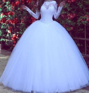 Arabic 2017 Tulle And Lace Ball Gown Wedding Dresses Elegant Bateau Illusion Long Sleeves Puffy Bridal Gowns Plus Size Custom Made EN10065