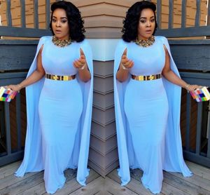 Ljusblå plus storlek cape stil prom klänningar 2017 mantel golv längd kvällsklänningar aso ebi sydafrikanska kvinnor formella party klänningar