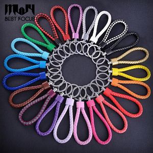 PU Leather Braided Woven Keychain Rope Rings Fit DIY Circle Pendant Key Chains Holder Car Keyrings Men Women Keychains 20 Colors