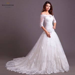 2017 New Elegant Half Sleeves Lace Wedding Dresses A-Line Beaded Appliques Wedding Party Bridal Gowns BM28