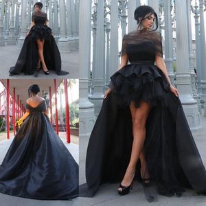 Charming Black High Low Evening Dresses 2017 Sexy Off Shoulder Satin And Tulle Prom Dress Saudi Arabic Formal Party Dresses Custom Made