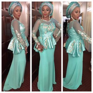 Sage Jewel Long Illusion Sleeves Evening Dresses With Applique Prom Gowns Back Zipper Custom Made Aso Ebi Formal Occasion Gowns