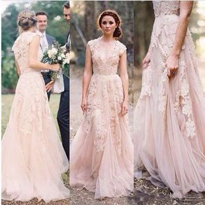 Vintage Lace Wedding Dresses Champagne Sweetheart Ruffles Bridal Gown Cap Sleeve Deep V neck Layered Reem Acra Bridal Gowns
