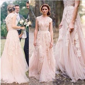 Vestidos de noiva de renda vintage champanhe sweetheart babados de pano de noiva Manga de calda de pescoço profundo em camadas de pescoço reem acra vestidos de noiva